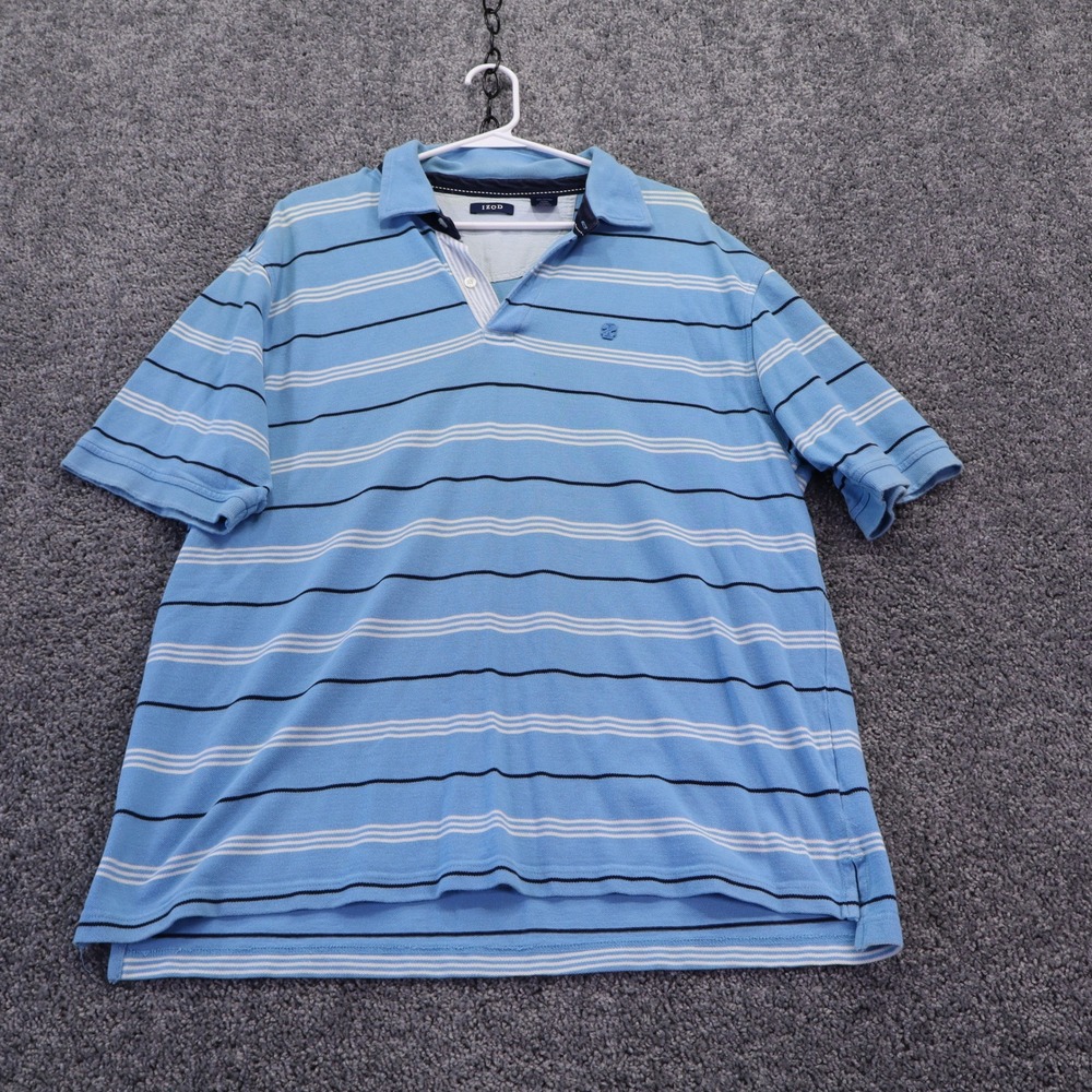 IZOD Polo Shirt Mens Large Blue Striped Short Sleeve Cotton Pique